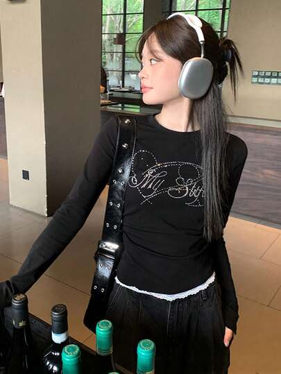 Black Rhinestone Design Fitted Base Layer Long Sleeve T-Shirt, Versatile Top