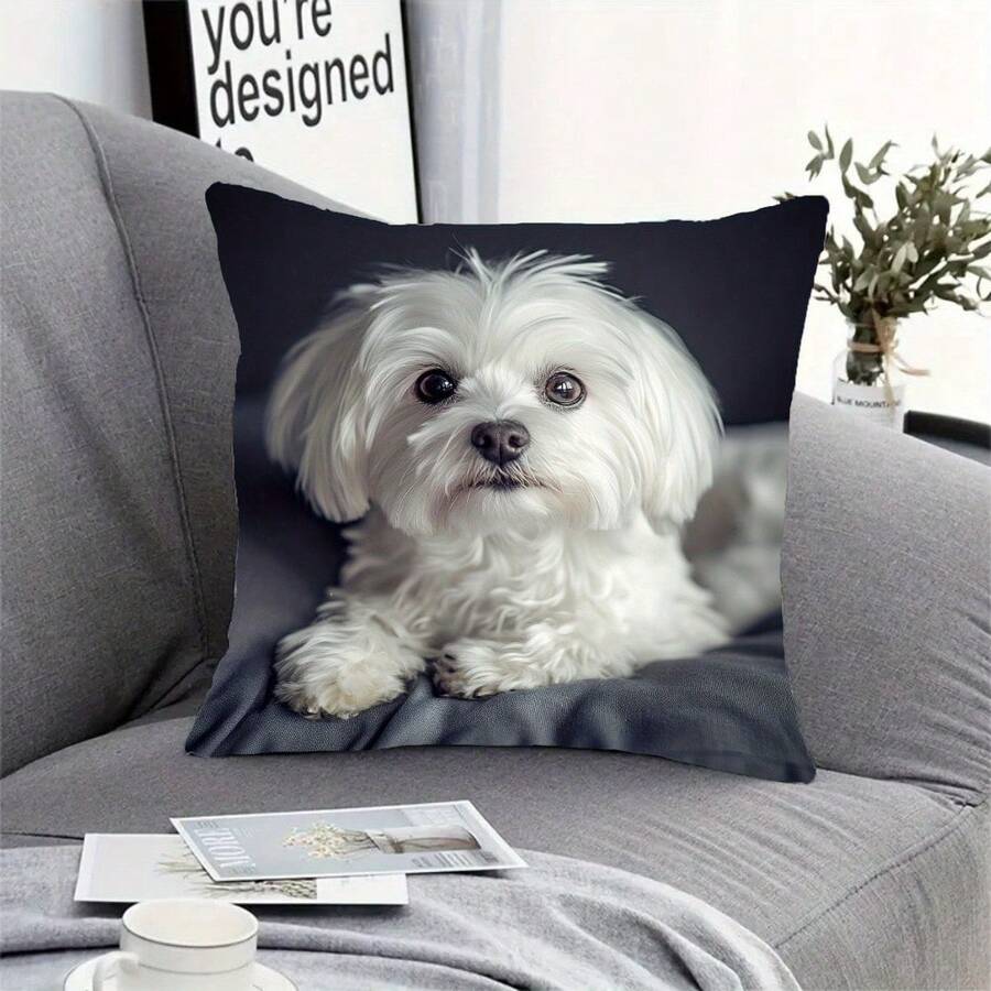 1Pc Cute Maltese Dog Single-Side Print Throw Pillow Covers, 17.7*17.7 Inches, Zipper Closure & Machine Washable, 2D Digital Printing, Chic Pet Decor For Home, Office, Living Room & Car, No Insert Included