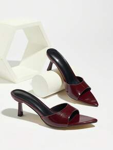 女士高跟鞋，适合春夏正式场合、派对、户外旅行、约会、优雅场合、休闲居家穿着，经典尖头镜面高跟凉鞋，性感腰部设计，波浪纹绑带，闪亮镜面材质，套穿式，舒适优雅，时尚高端酒红色高跟鞋 - 酒紅色 - 查看 5