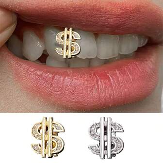 2 Styles Available, Suitable For December, 1pc Hollow Dollar Sign Rhinestone Tooth Grillz, Fashionable Jewelry For Holiday Parties, Dates, Unique Shiny Tooth Accessory Design