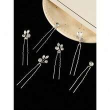 6pcs Faux Pearl & Rhinestone Hair Clip For Women, Bride Wedding Hair Accessories, Handmade U-Shaped Hairpin Headwear For Banquet Party Elegant Tiaras - 銀色 - 查看 3