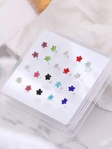 Nooxian Set de 20 piezas de Pendientes y Anillos para la Nariz con Flor de Ciruelo Colorida, Anillos de Perforación de Nariz con Flores de Rhinestone de Moda para Mujeres - Multicolor - Ver 11