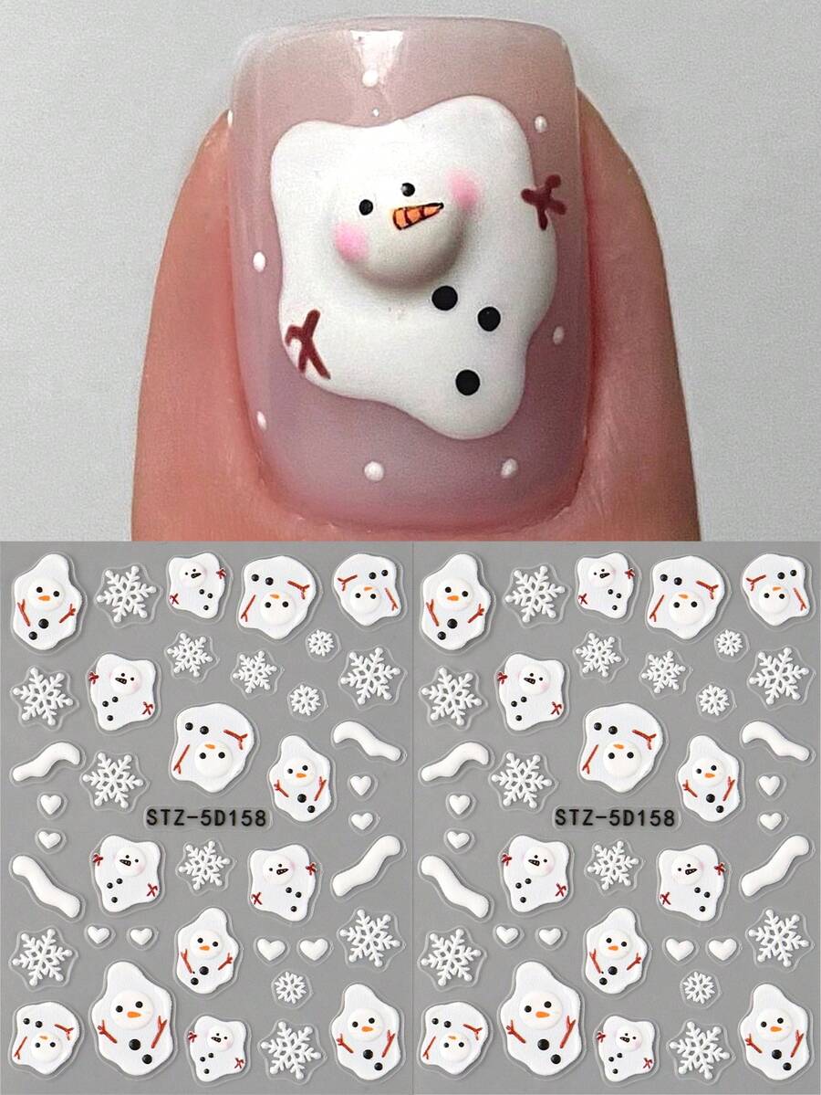 2张融化的雪人和雪花圣诞美甲贴纸卡通可爱雪人白色爱心冬季美甲新年美甲饰品贴花美甲装饰 - 黑與白 - 查看 1