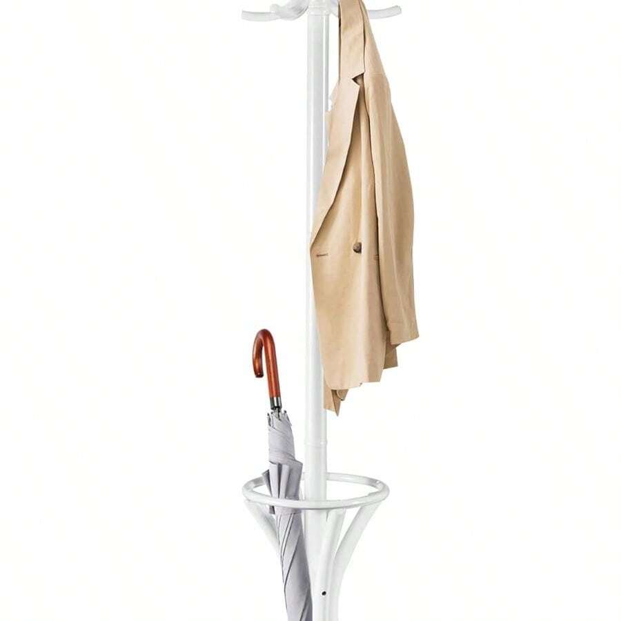 Appendiabiti da 184 cm, Appendiabiti in legno con 12 ganci, Portaombrelli, Appendiabiti autoportante per ingresso, ufficio, soggiorno (grigio) - Bianco - Visualizzare 1
