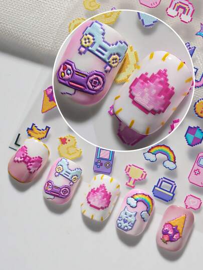 A Japanese Pixel Style Nail Sticker With Relief Laser Technology, Retro Millennium Style, Featuring Elements Such As Game Controllers, Game Consoles, Bows, Etc., Suitable For Personal DIY And Nail Salons
