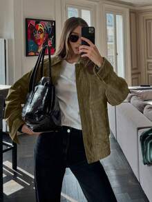 女士夹克外套，时尚翻领长袖宽松外套，复古女士夹克，时尚上衣，常规仿麂皮长袖拉链宽松休闲外套，春季 - 墨綠色 - 查看 6