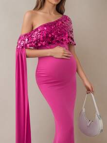 拼接纯色不对称/不对称亮片拼接拉链正式晚礼服孕妇装