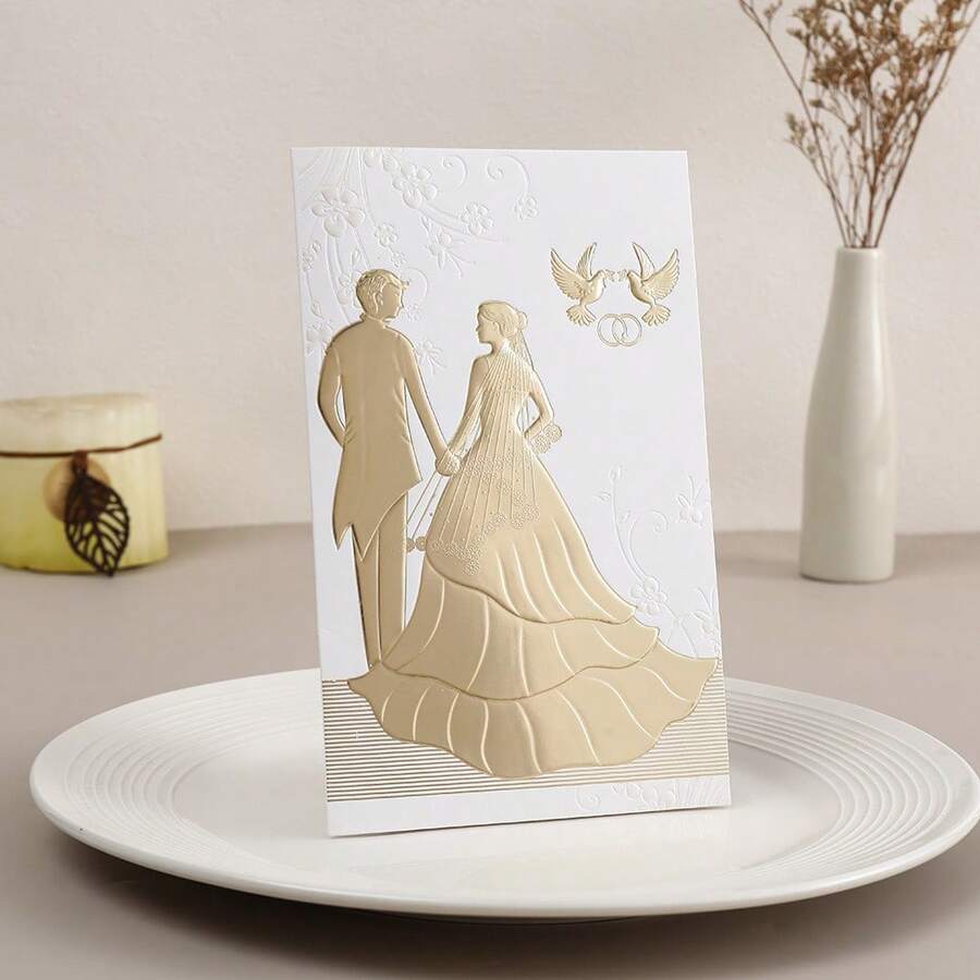 1/5/10pcs Exquisite Sparkling Powder Invitation Letter (Groom Bride Hand In Hand) Invitation Card Gold Plated Personalized Sparkling Powder Greeting Card Wedding Exclusive Suitable For Wedding Anniversaries, Bridal Showers, Engagement Parties, And Anniversary Dinner Invitations.