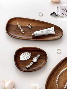 1pc Retro Irregular Walnut Wood Jewelry Tray, Wooden Desktop Storage Organizer Tray For Watches, Perfumes, Diffusers, Stylish Design - Brown - View 3