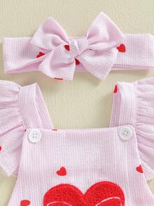 Conjunto de San Valentín para niña recién nacida, mono a rayas con estampado de corazones, sin mangas, con volantes y cuello cuadrado, mono de algodón y lino, ropa para mi primer día de San Valentín con diadema - Rosa - Ver 5
