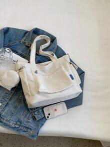 2024 New Fashion Classic Clown Solid Color Large Capacity Patch Pocket Design Two-Way Convertible Shoulder Bag, Ideal For Campus Use. Campus Tote Bag, Book Organizer, Spacious Design, Water-Resistant Material, Built-In Laptop Compartment-Perfect For Back-To-School Season And Middle/High School Campus Life. - 白色 - 查看 3