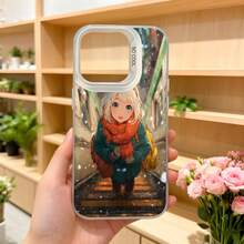 Cubierta de teléfono con diseño de anime para mujer color negro con estampado de chica con bufanda naranja en escena invernal ideal para uso diario y ocasiones casuales Aplicable a los teléfonos de la serie Apple y Galaxy - Negro - Ver 5
