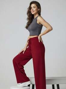 Wide Leg Pants With Flare Leg, Sophisticated Fit, Structured Style, High , Contemporary, Casual, Comfortable, Modern, Chic - 紅色 - 查看 6