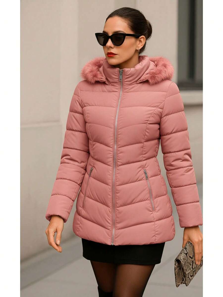 Abrigo Grueso a la cadera con Capucha y Detalle de Peluche - Tandera - Rosa coral - Ver 1