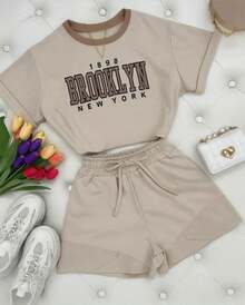 Women's Cropped Top And Sweatshirt Shorts Set - Beige - View 1