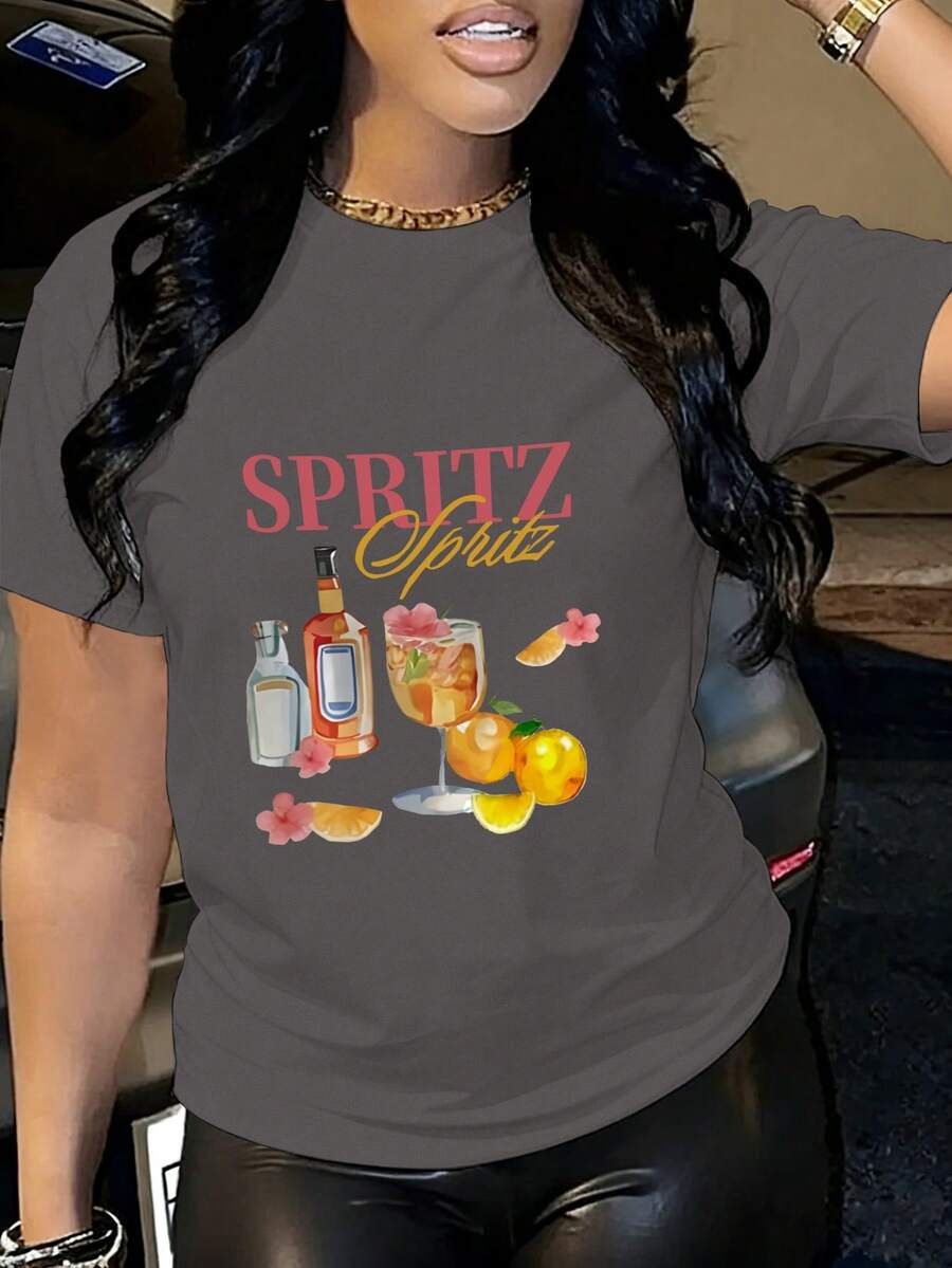 Women's casual short sleeved round neck T-shirt, fruit drink letter print, breathable summer top, casual T-shirt, women's T-shirt - Gris - Ver 1