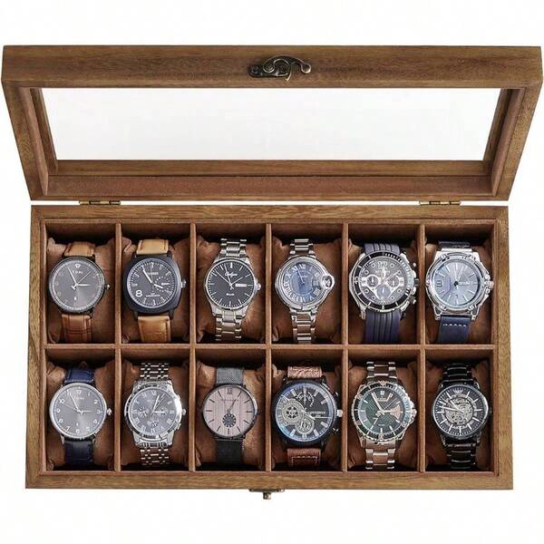 12 - Slot Wood Watch Box - Watch Case, Watch Box Organizer With Large Glass Lid, Watch Display Case With Removable Pillows, Rustic Walnut UJOW120K01