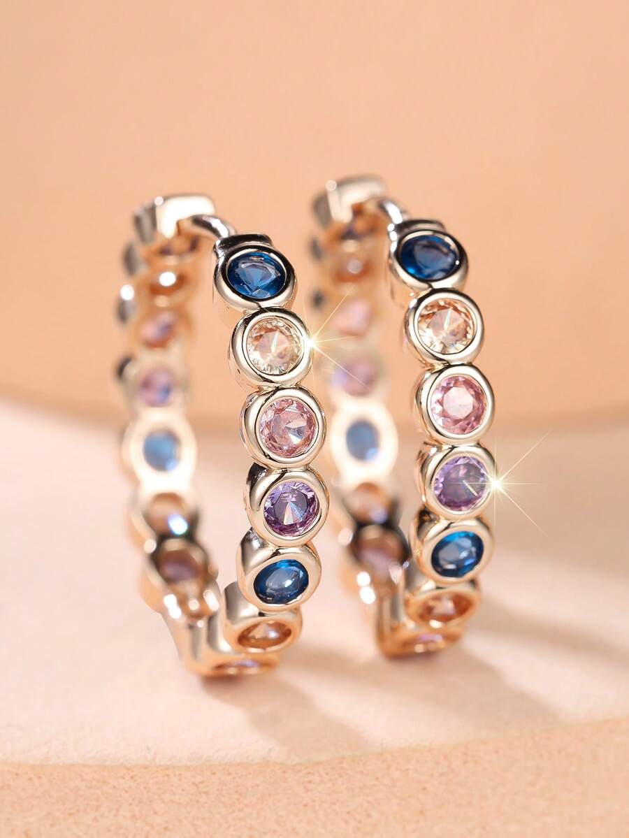 1 par de pendientes versátiles brillantes de circonita cúbica multicolor, el regalo de joyería de moda perfecta para ella en una fiesta - Multicolor - Ver 1