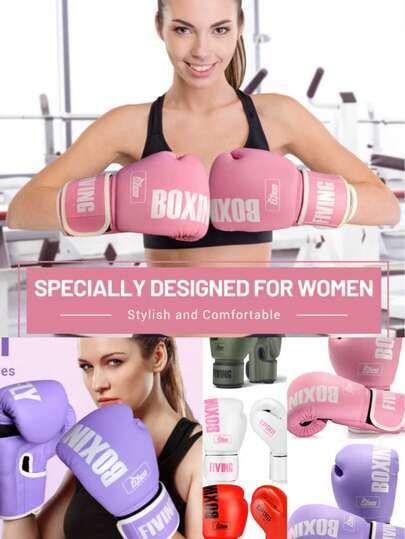 1 par de guantes de boxeo de mujer FIVING de PU, color rosa, morado, verde para Muay Thai, boxeo y entrenamiento de MMA