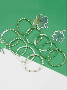 22/23/34Pcs St. Patrick's Day Shamrock Bracelet Set - Stackable Green Lucky Beaded Wristbands With Golden Accents, Festive Irish Festival Jewelry, Ideal Daily Wear & Gift - Multicolor - View 7
