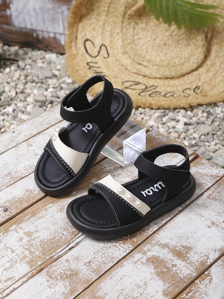 1 Pair New Kids Sandals, Infant Soft Bottom Shoes, Pearl Design, Outdoor Sports Casual Sandals - Black and White - View 1
