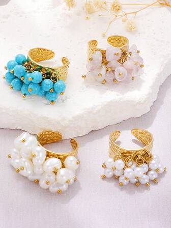 1pc Bohemian Style Hammered Stainless Steel Turquoise & Pearl Ring, Suitable For Women's Daily Wear/Gift Jewelry