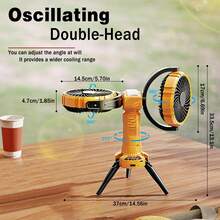 Outdoor Camping Oscillating Fan, Cordless Rechargeable Battery Tripod Tent Fan With LED Lantern Hook 4 Powerful Speeds 270° Dual Head Oscillation For Patios Garage RV Travel Home Blackout-Fan\Portable Fan\Fan Portable\Travel Essential\Mini Fan - Màu vàng - Xem 5