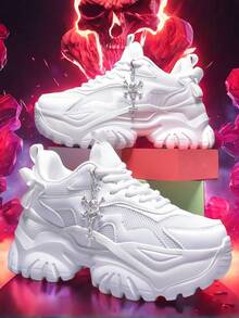 女士厚底高台黑色高跟鞋，朋克风金属装饰链条吊坠，夏季透气速干防臭网眼凉鞋适合万圣节，暗黑朋克风金属骷髅十字架鞋饰，时尚百搭休闲鞋，软底减震跑鞋，日常、约会、健身、办公，圆头系带轻便防滑7CM坡跟鞋 - 白色 - 查看 19