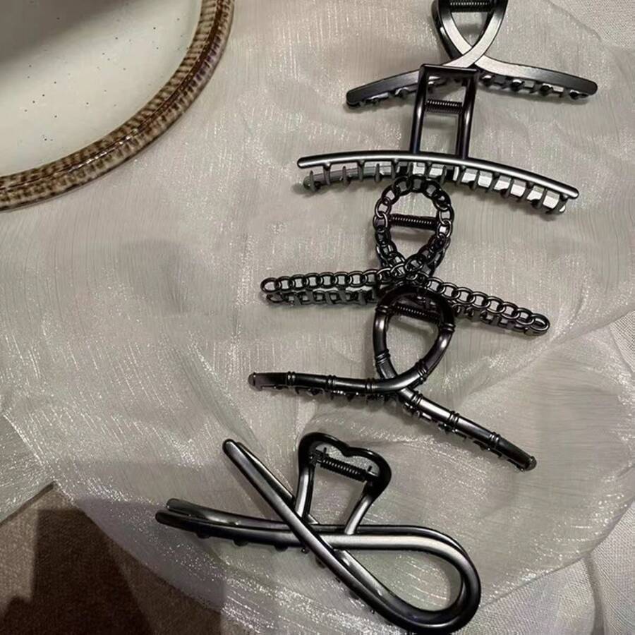 Gun Black Hair Claw Clip For Women, European And American Style Hairpin, High-End Fishbone Shark Clip, Ponytail Accessory This Is A Set Of Uniquely Styled Metal Hair Clips, Designed With Creativity And Personality, Suitable For Various Dressing Styles. - K05-334#金色魚骨 - 查看 1
