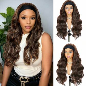Long Wavy Headband Wig For Women Black Wigs With Brown Highlight Headband Wigs Put On And Go Glueless Wig Long Synthetic Wig For Women Party Daily Use