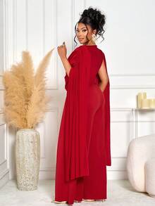 BIUBIU Bộ jumpsuit dáng ôm màu trơn thanh lịch dành cho nữ cỡ lớn mùa thu đông, cổ áo xếp ly, chất liệu satin co giãn cao, thích hợp làm váy dự tiệc/trang phục năm mới/trang phục Giáng sinh/trang phục đi chơi mùa xuân. - Màu Đỏ Sâu - Xem 3