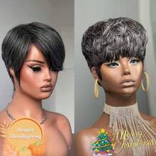 Short Wig For Women Human Hair Salt And Pepper Short Wigs For Black Women 34# Layered White Black Mixed White Color Pixie Cut Wig For White Women Layered Wigs With Bangs None Lace Front Full Machine Made Wig Easy To Wear Human Hair Grey Wig For Thanksgiving Day,Christmas,Daily Use