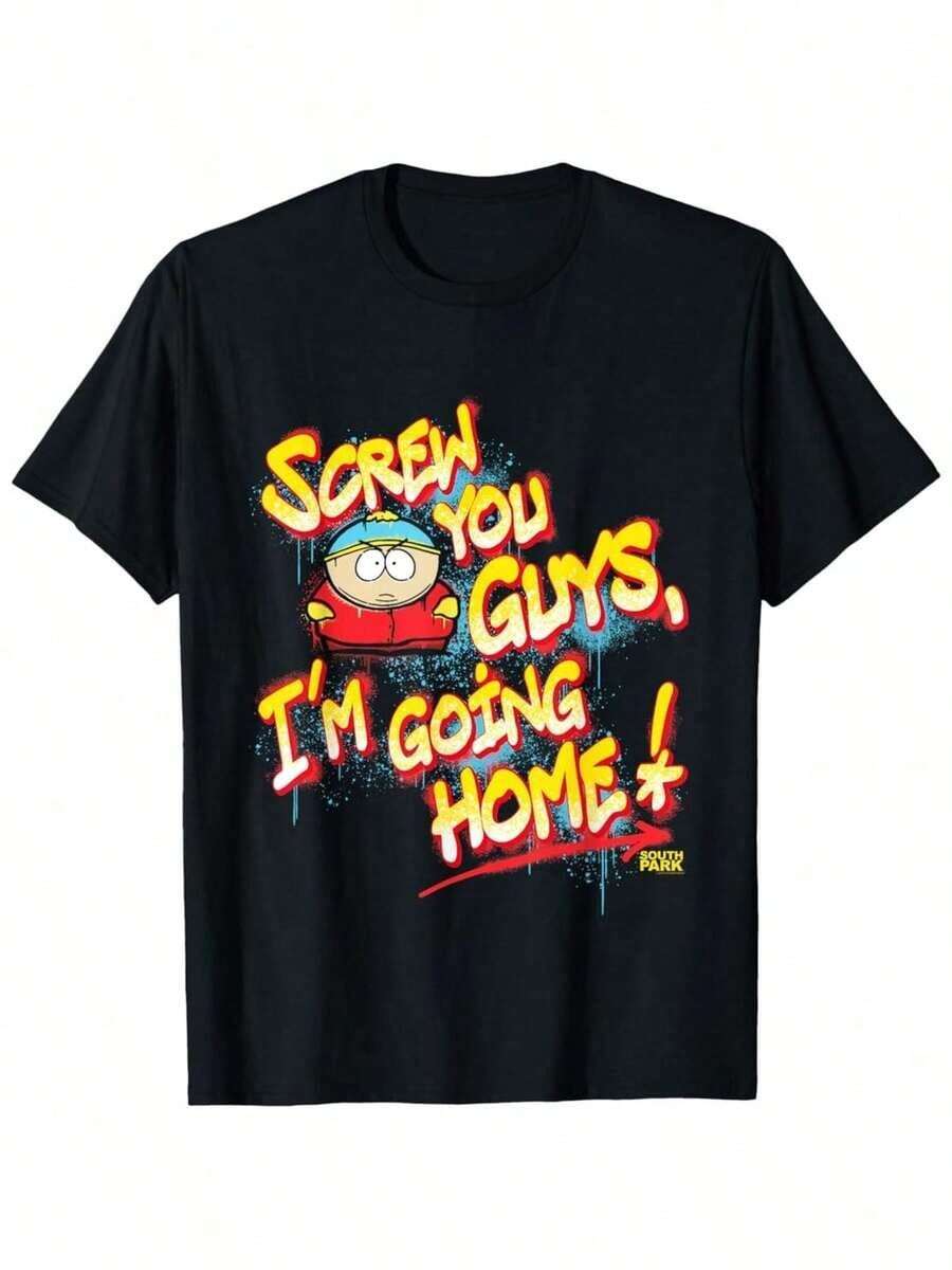 Funny 'Screw You Guys' Cartoon Graphic T-Shirt, South Park Style Humor Tee With Colorful Character Design, Comfortable Cotton Casual Wear, Black, Sizes S-XXXL - 黑色 - 查看 1
