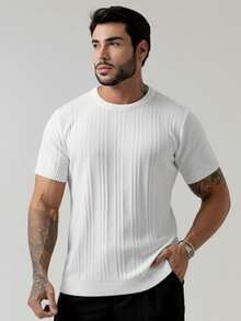 TRICOT DE LUXO Men's T-Shirt/Knit Sweater With Embossed Details, Chic, Lightweight, Textured, High Quality, Spring, Summer, Autumn - Blanco - Ver 4