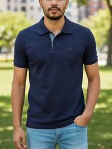 Ogochi Men's Basic Plain Polo Shirt With Logo, No Pocket, Original - Navy Blue - View 1