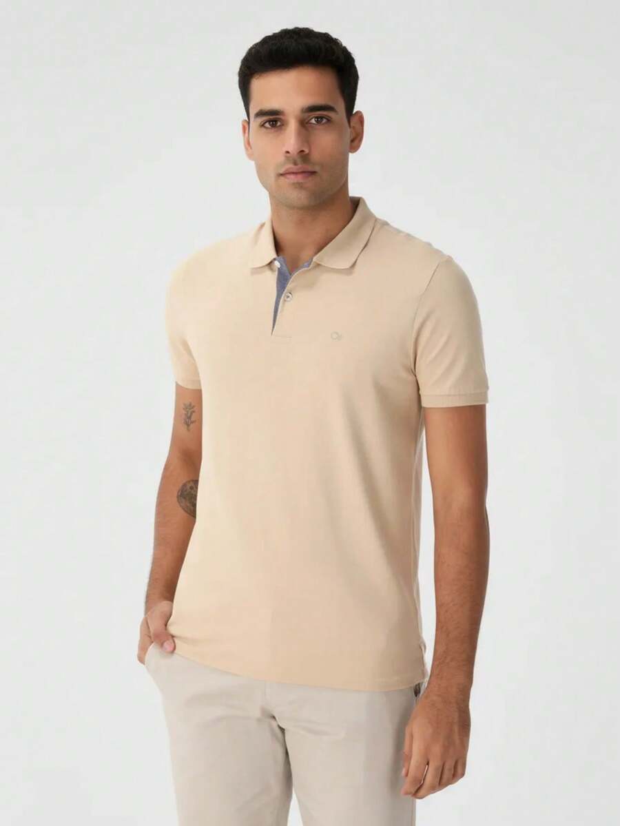 Ogochi Men's Basic Plain Polo Shirt With Logo, No Pocket, Original - Cream - View 1