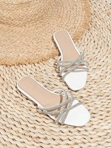 Girls' Diamond Criss-Cross Design Elegant Shiny Princess Everyday Wear Fashionable Lightweight Luxury Flat Sandals - White - View 1