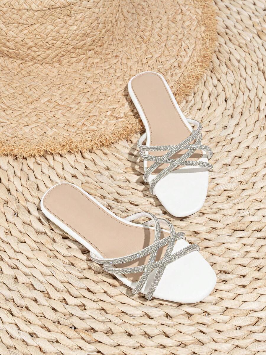 Girls' Diamond Criss-Cross Design Elegant Shiny Princess Everyday Wear Fashionable Lightweight Luxury Flat Sandals - White - View 1