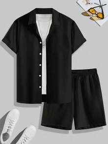 Plus Size Men's Shirt Suit, Short-Sleeved Shirt And Shorts Two Pieces, Solid Color Can Be Machine Washed, Plus Size. - Black - View 8