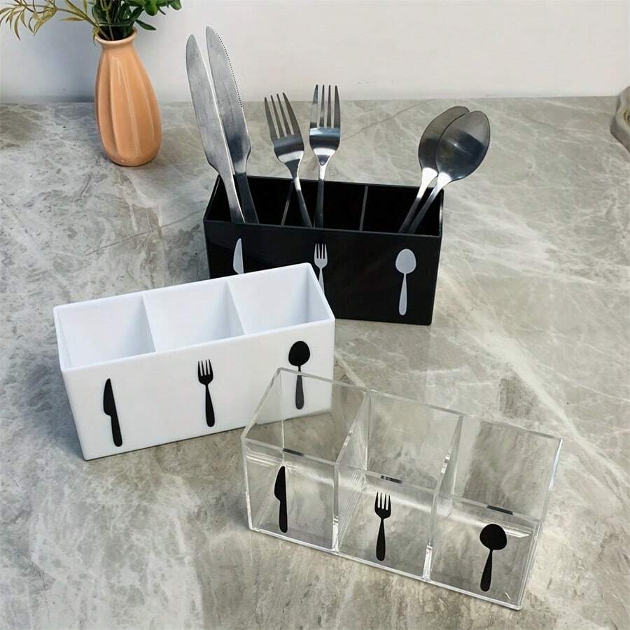 三格亚克力餐具收纳盒 - 耐用塑料材质，适用于厨房和餐厅，可收纳刀叉勺 - 节省空间设计，黑色手柄，非常适合家庭或商业用途，厨房收纳方案 | 现代厨房用具 | 耐用塑料盒、餐具托盘、收纳盒、厨房整理收纳、储物整理、带盖收纳盒 - 彩色 - 查看 1