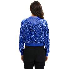 Women's Sequin Zip-Up Hooded Jacket With Ribbed Hem And Long Sleeves For Party Wear - Royal Blue - View 2