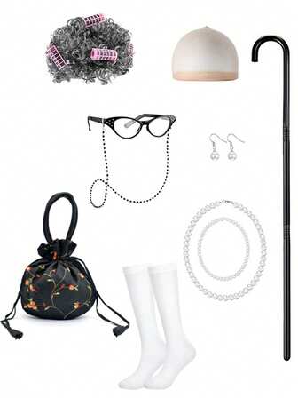 Accesorios de disfraz de anciana para el 100th día de clases, incluye pelucas + collares + calcetines + bolso + bastón. Juguetes divertidos para carnaval, cumpleaños y bromas