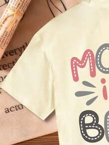 Camiseta casual de manga corta con cuello redondo y estampado de eslogan para niña - Albaricoque - Ver 6