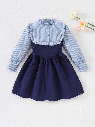 Vestido de princesa de manga larga a rayas de 2 en 1 elegante y casual para niñas de 4 a 7 años, estilo coreano