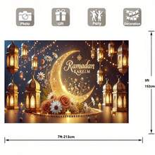2D平面横幅 1件装 优雅斋月派对横幅 - 涤纶材质，新月和灯笼设计，非常适合开斋节庆祝活动、穆斯林装饰和节日聚会 | 开斋节主题横幅 | 高品质涤纶材质，斋月装饰 - 1pcs - 查看 4