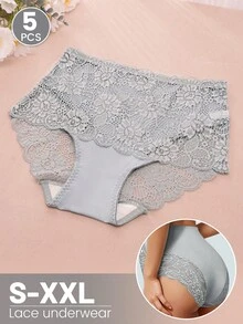5-Pack Of Lace Panties For Women, High-Waisted, Tummy-Controlling, Patchwork, Hollowed-Out, Sexy, Close-Fitting, Floral Print. - 彩色 - 查看 5