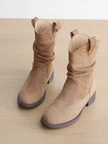 女士套穿式中筒靴，西部风格靴子，简约秋冬靴，褶皱粗跟中筒靴，牛仔靴 - 杏色 - 查看 1