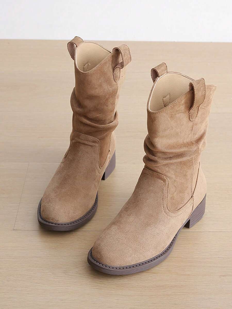 女士套穿式中筒靴，西部风格靴子，简约秋冬靴，褶皱粗跟中筒靴，牛仔靴 - 杏色 - 查看 1