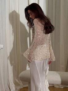 Women Sequin Crochet Sheer Mesh See Through Pullover Tops Shiny Long Sleeve Hollow Out Fishnet Knit Shirt - Rượu sâm banh - Xem 3
