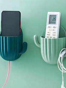 Estante de almacenamiento montado en la pared con forma de cactus para cepillos de dientes, peines y brochas de maquillaje - Adhesivo, sin marcas, de plástico duradero, caja de almacenamiento montada en la pared sin perforación con soporte para teléfono, tubo de almacenamiento para cepillo de dientes, peine, brochas de maquillaje y control remoto. Artículos de baño higiénicos y ahorradores de espacio - Multicolor - Ver 5